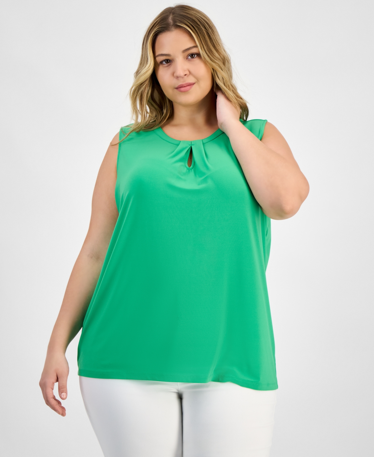 Plus Size Sleeveless Pleat-Neck Keyhole Top - Apple Green