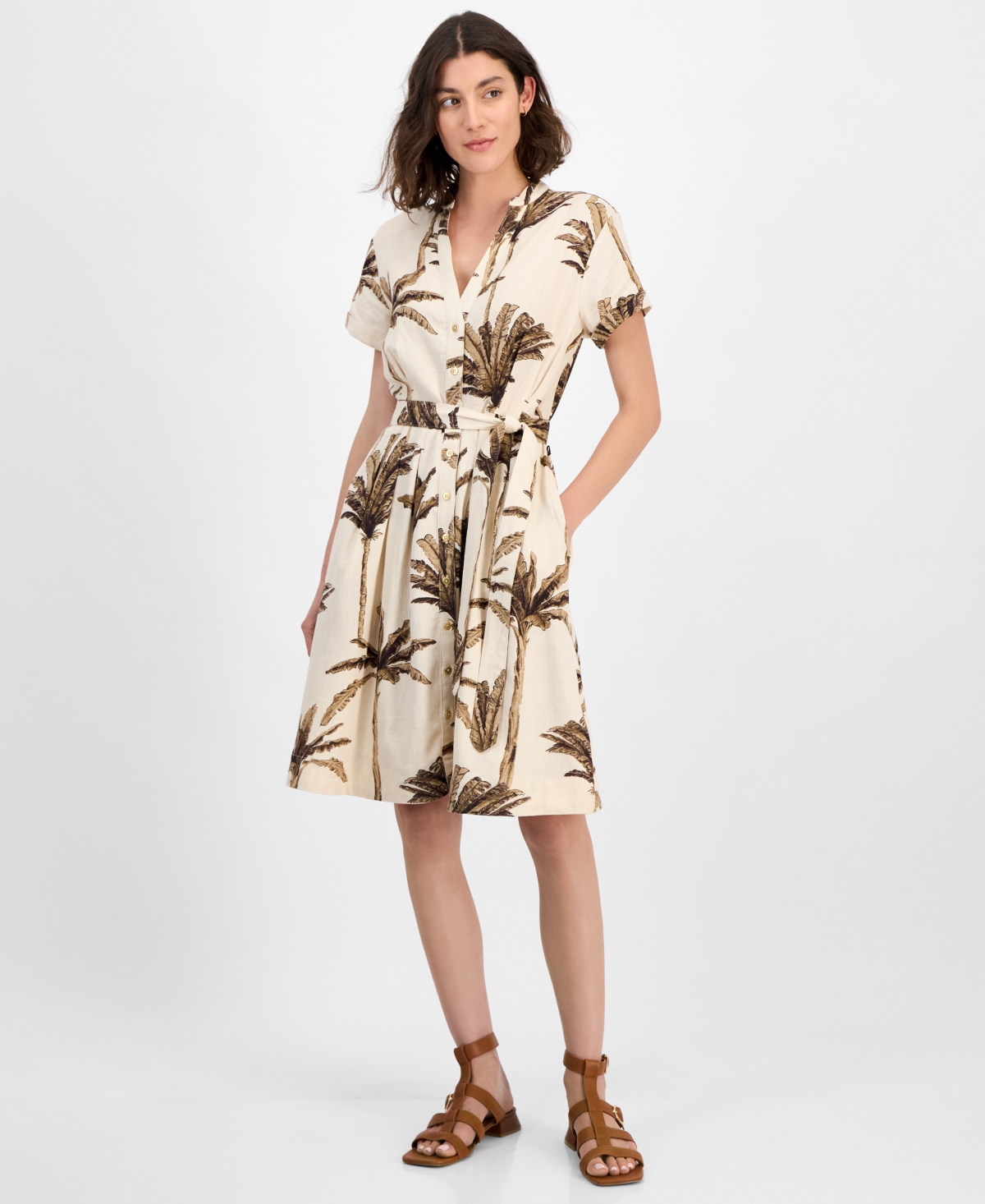 Nautica Jeans Women's Palm-print Short-sleeve Shirtdress In Parchment Multi