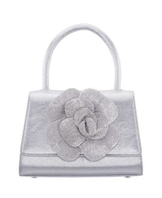 Crystal Flower Embellished Metallic Satchel Bag
