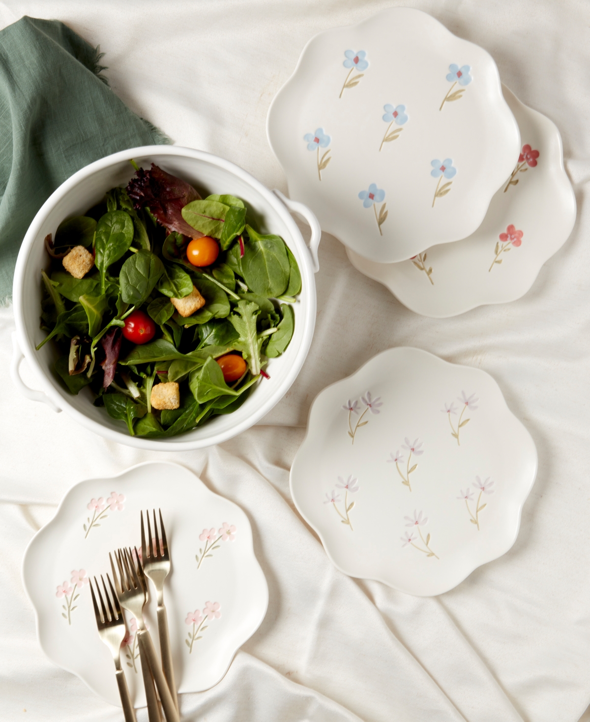 Haven Floral Scalloped Salad Plates, Set Of 4 In White With Floral Debossed