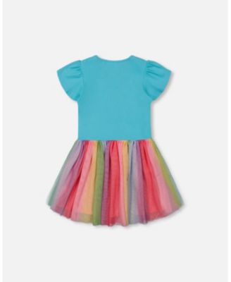 Big Girls Bi-Material Dress With Printed Mesh Skirt Multicolored
