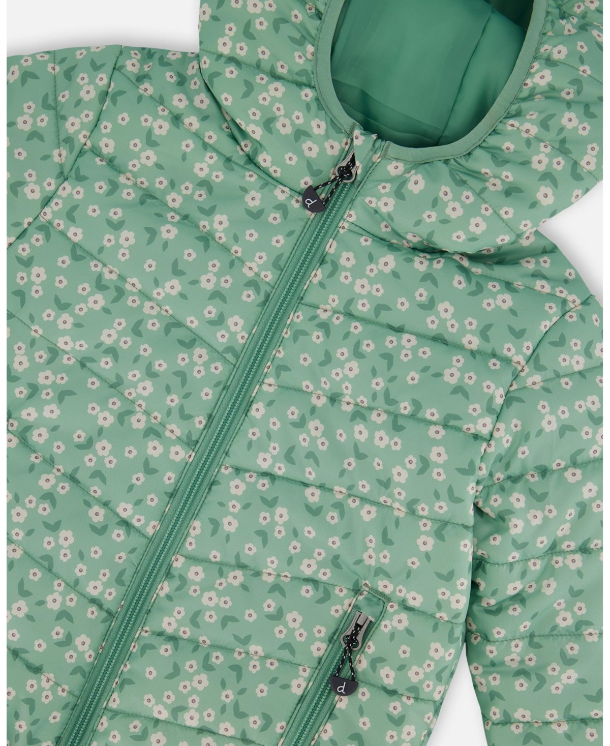 Deux par Deux Toddler Girls Printed Quilted Mid-Season Jacket Small White Flowers On Sage Green Background - Toddler|Child