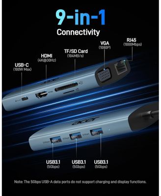 USB C Hub with 4k HDMI, 9-in-1 USB C to Ethernet Adapter, 5Gbps USB-A 3.0 Docking Station, PD 100W Charging, SD Card Reader, USB to VGA Splitter for MacBook, acer, Laptops, Surface and More