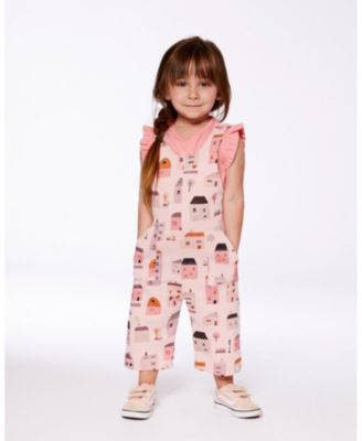 Toddler Girls Printed French Terry Overalls Pink And Coral Houses - Toddler|Child