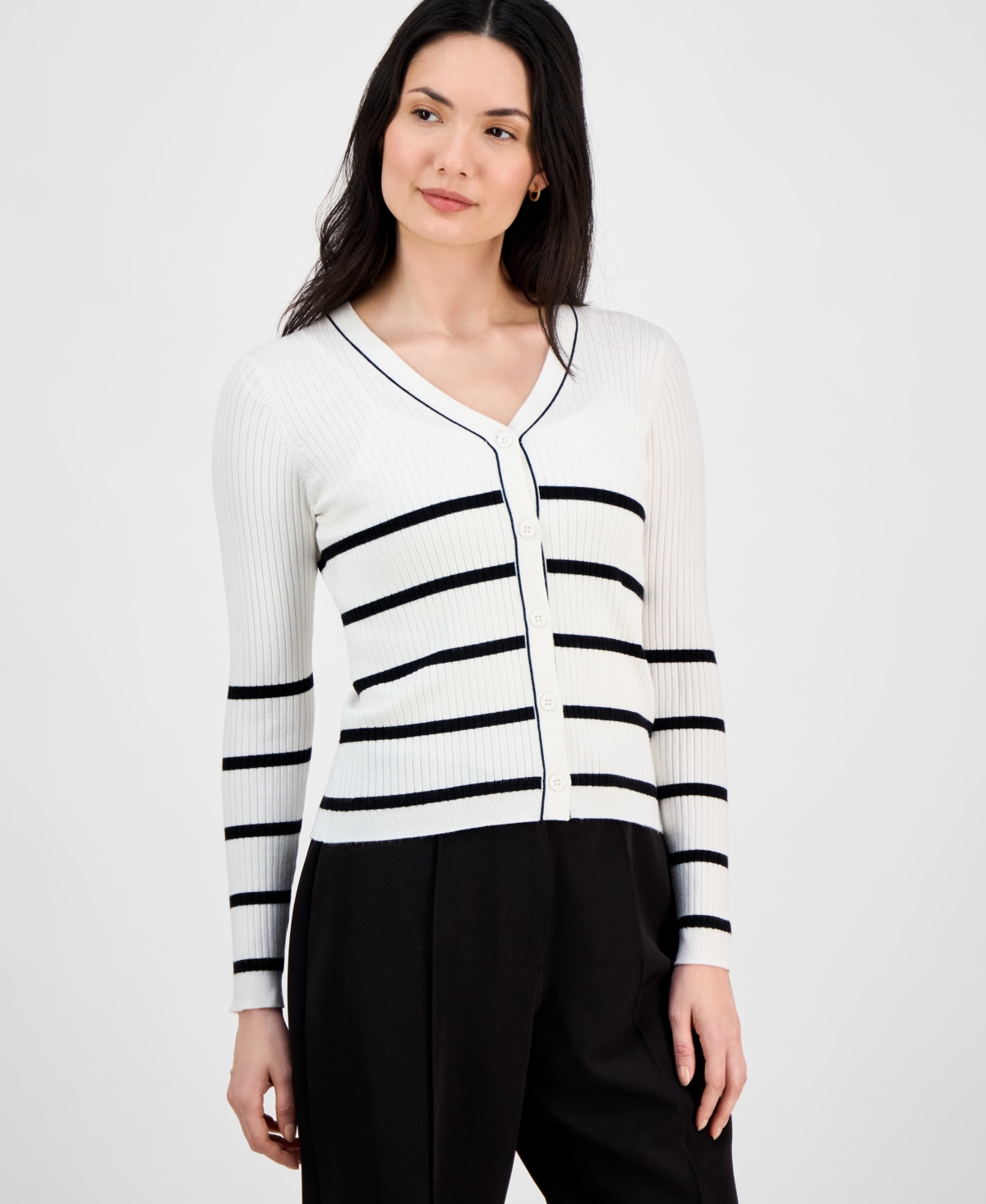 T Tahari Women's V-neck Button-front Long-sleeve Cardigan In White Star With Black Stripe