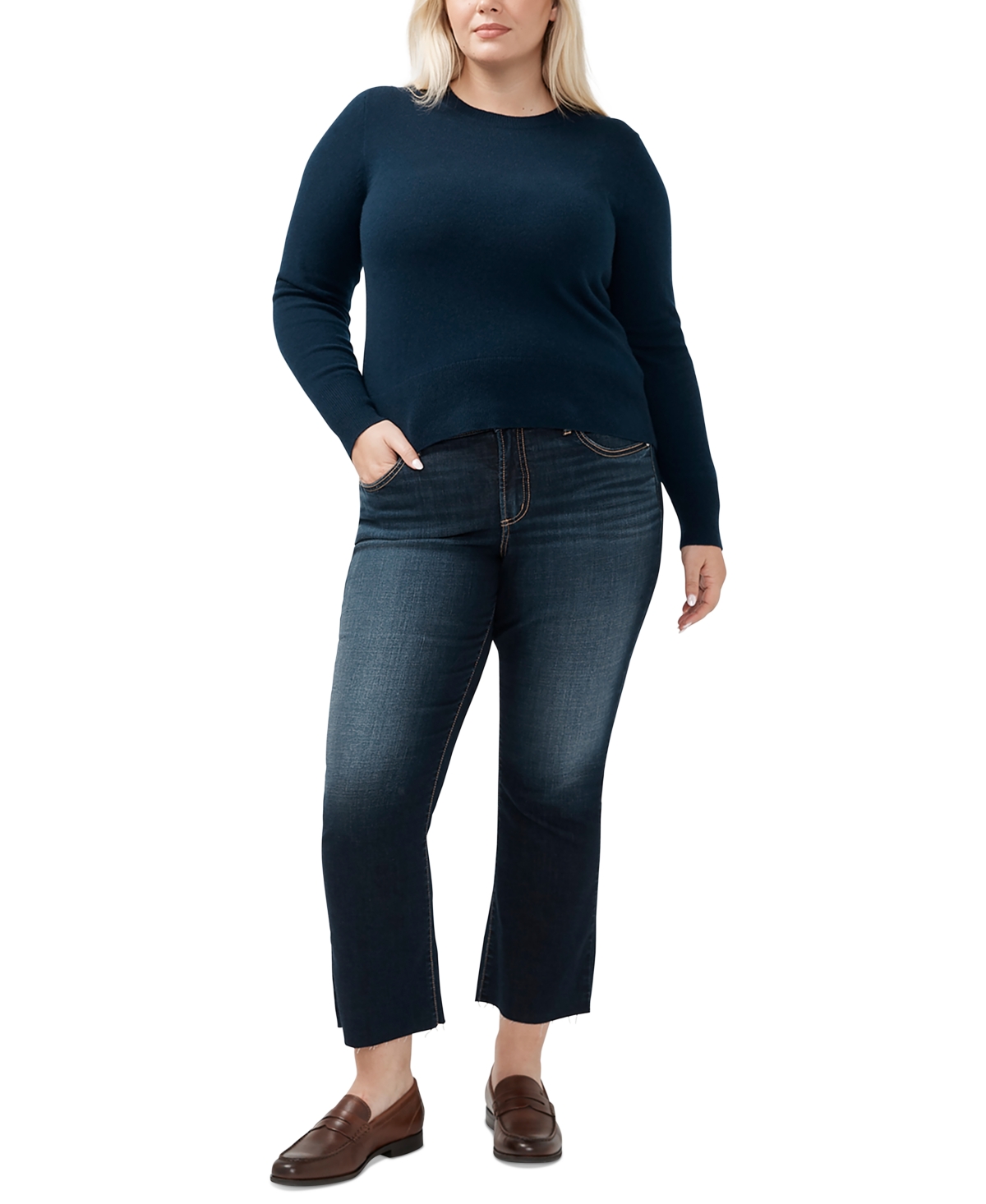 SILVER JEANS CO. PLUS SIZE SUKI KICK-FLARE CROPPED CUT-HEM DENIM JEANS 