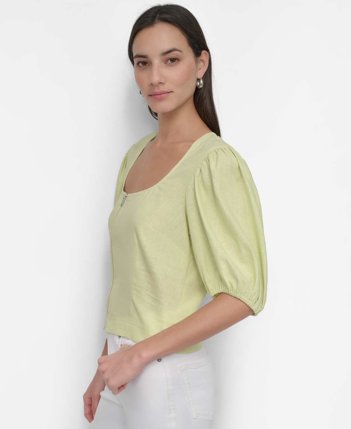 Shop Dkny Women's Zip-front Puff-sleeve Scoop-neck Top In Tea Green