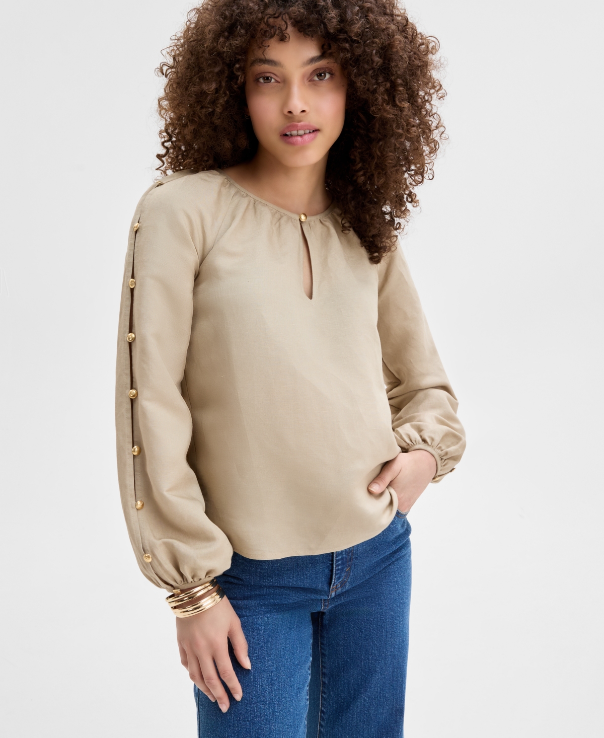 Inc International Concepts Petite Button-sleeve Blouse, Exclusively At Macy's In Skin Deep