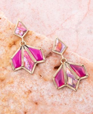 Genuine Pink Agate and Pink Coral Matrix Golden Kite Drop Earrings