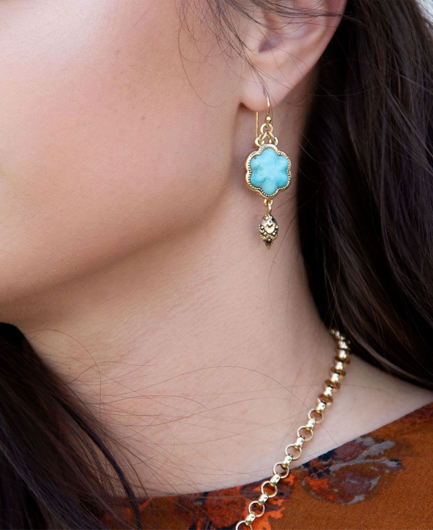 Flower Genuine Blue Turquoise Golden Drop Earrings