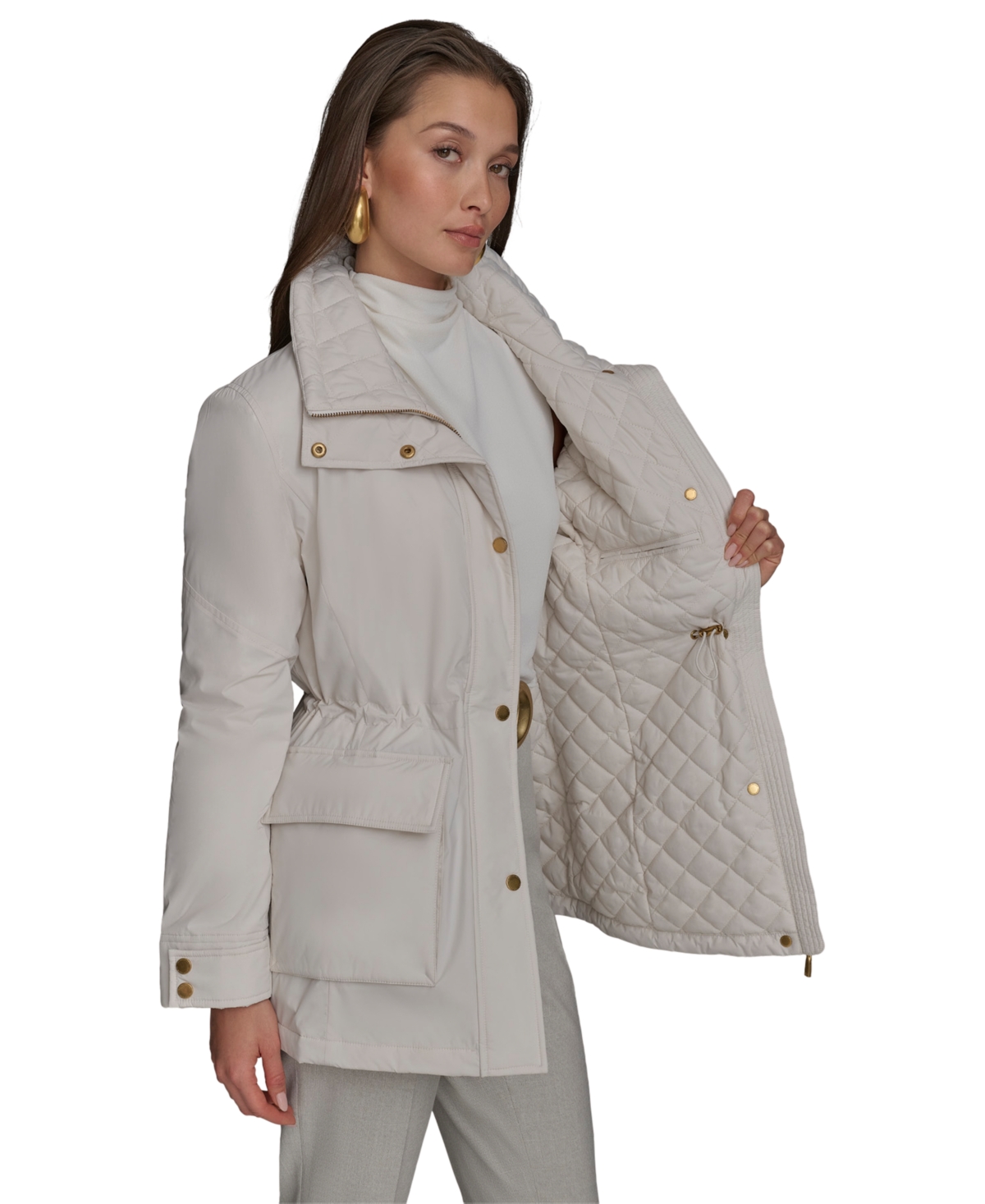 Donna Karan Women's Stand-collar Cinched-waist Coat In Cream