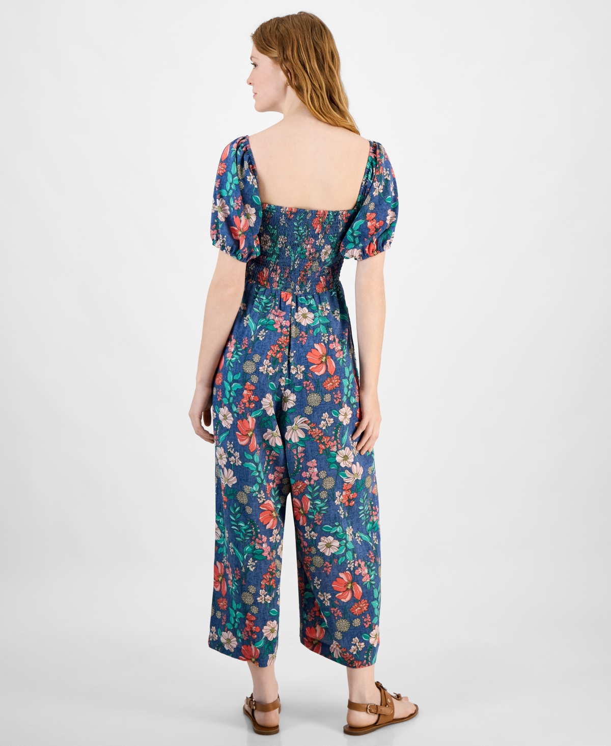 Tommy Hilfiger Women's Square-neck Smocked Jumpsuit In Blue Multi