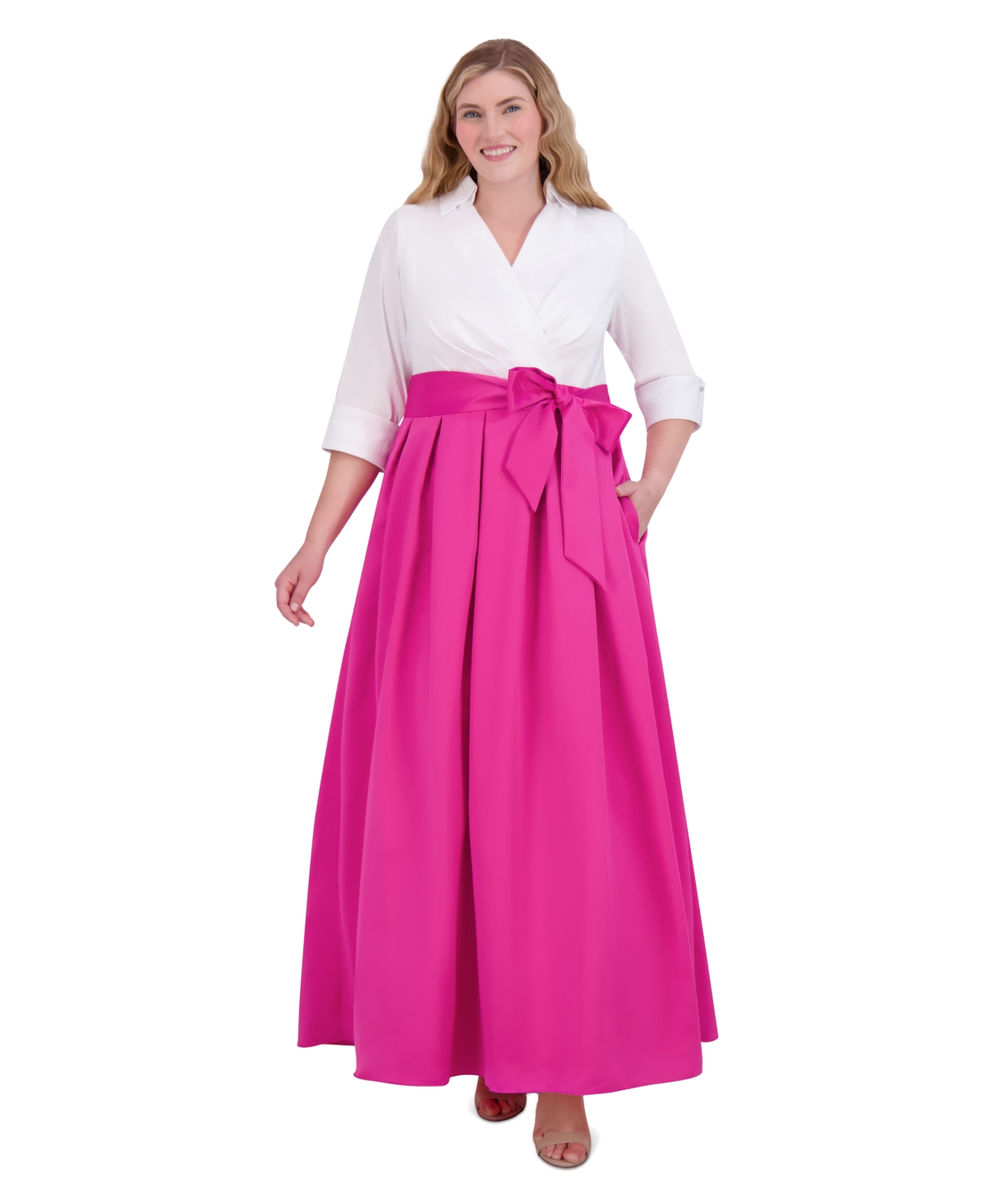 Jessica Howard Women's Colorblocked Collared Evening Gown In Fuschia