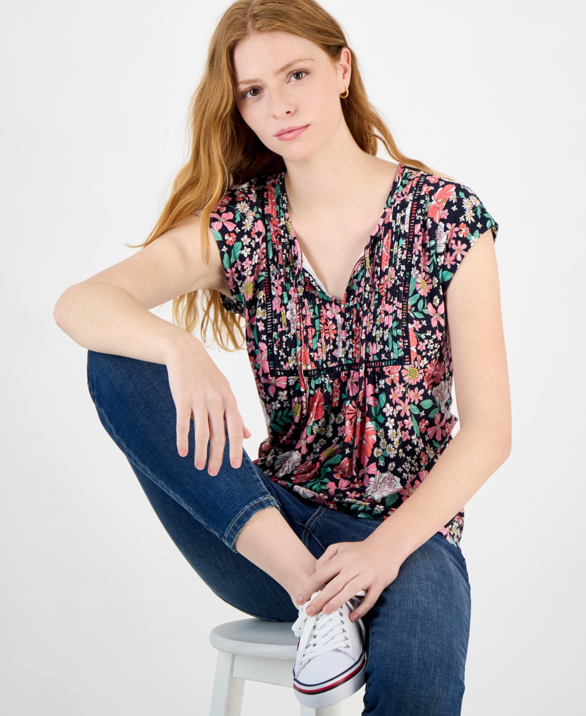 Shop Tommy Hilfiger Women's Tie-neck Pintuck-front Top In Sky Capt Multi