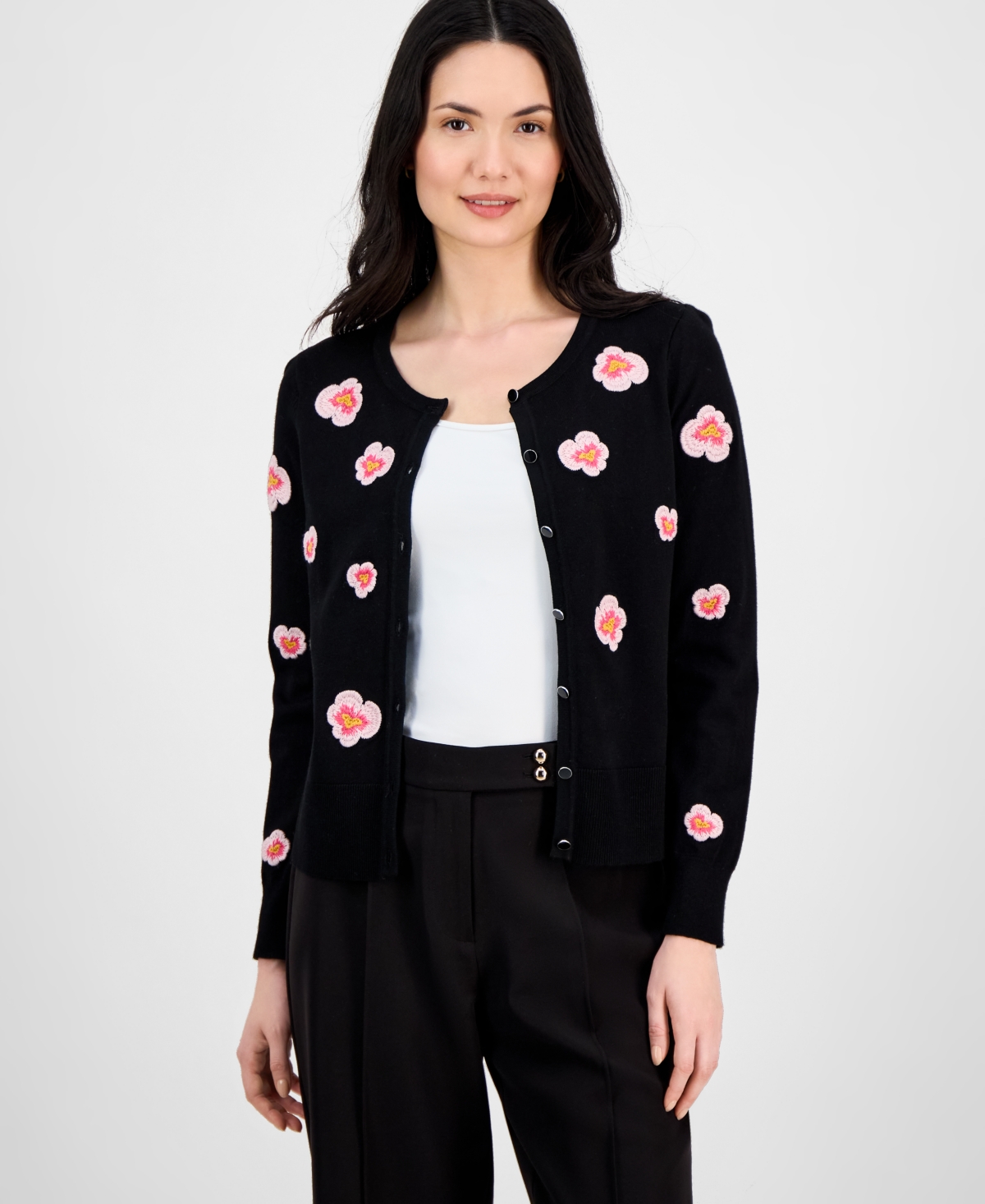 T Tahari Women's Floral-embroidered Button-front Cardigan In Black With Pink Flowers