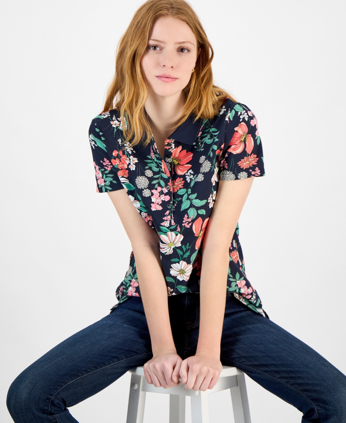 Tommy Hilfiger Women's Floral-print Polo Shirt In Blue