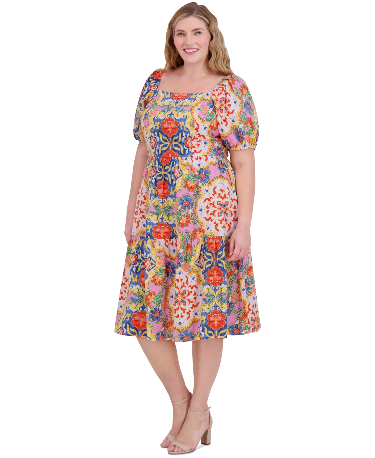 Vince Camuto Plus Size Floral-print Square-neck Dress In Mul
