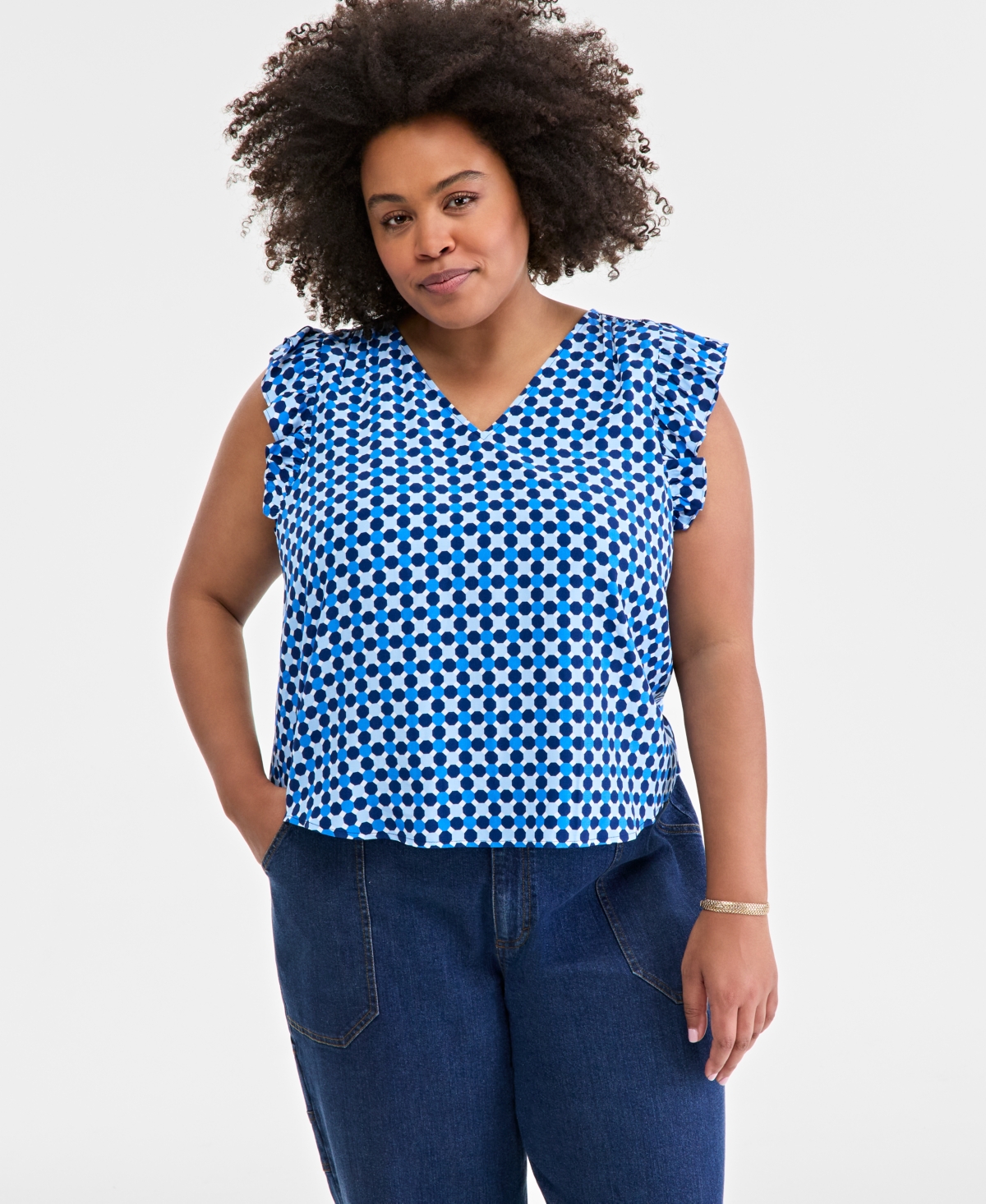 On 34th Trendy Plus Size Geo-print Flutter-sleeve Top, Exclusively At Macy's In Blazing Na