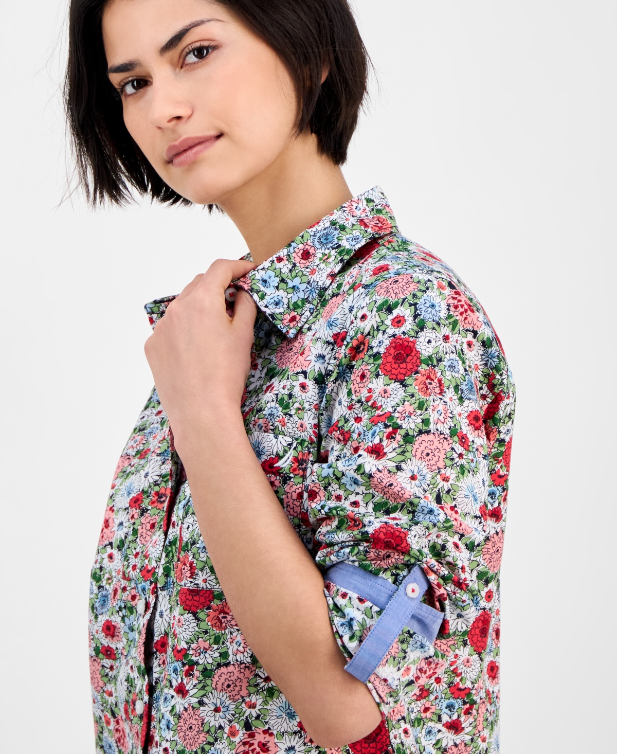 Nautica Jeans Women's Floral-print Cotton Roll-tab Shirt In Bloom Multi