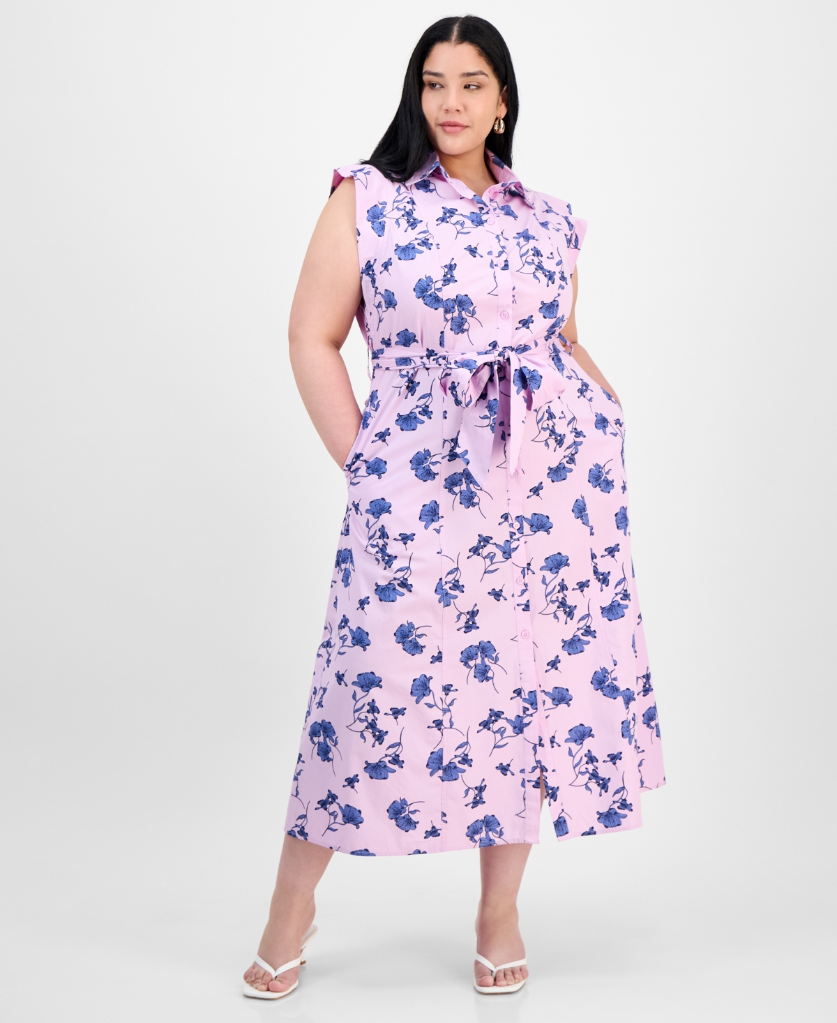 On 34th Trendy Plus Size Cotton Belted Midi Shirtdress, Exclusively At Macy's In Orchid Bouquet