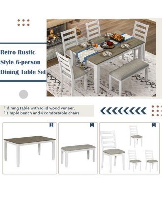 Rustic Style 6-Piece Dining Room Table Set with 4 Upholstered Chairs & a Bench