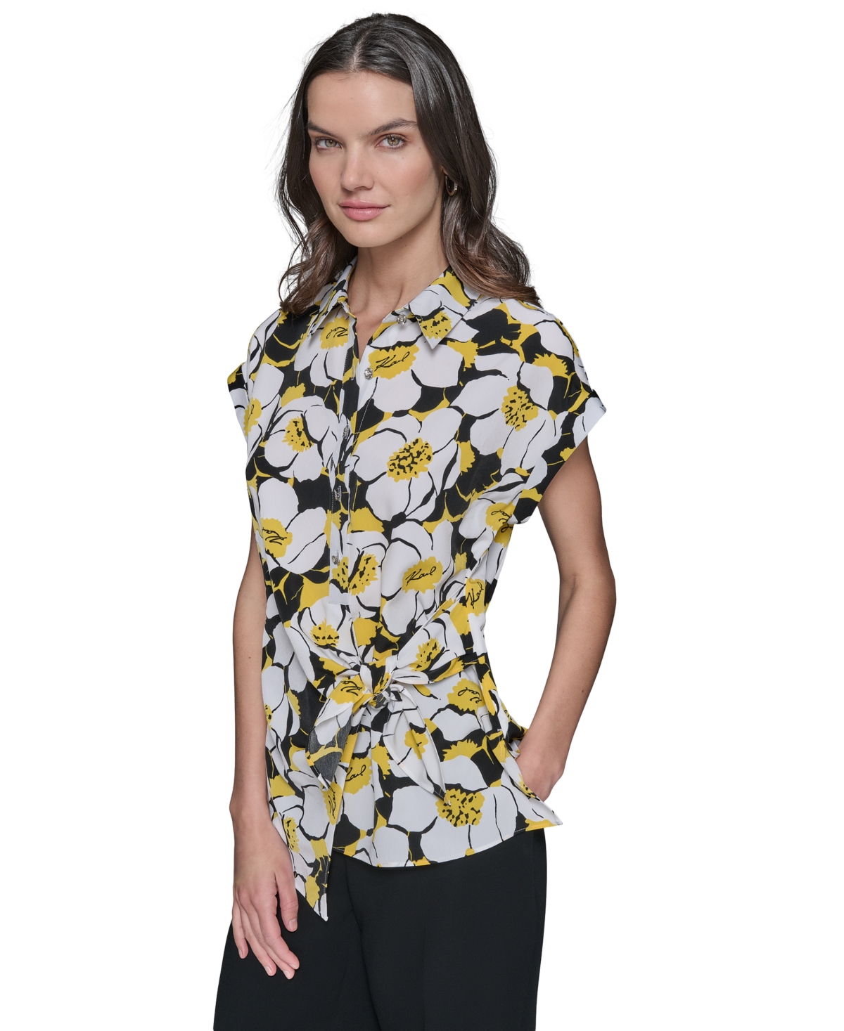 KARL LAGERFELD WOMEN'S PRINTED ASYMMETRICAL BUTTON-FRONT TOP 