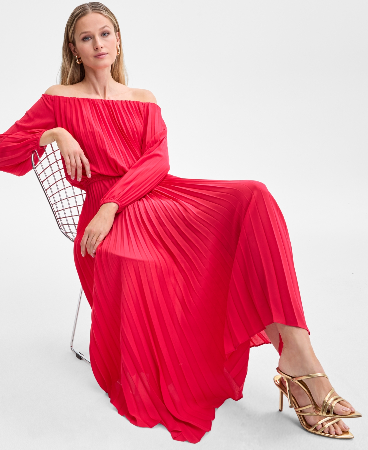Shop Inc International Concepts Women's Printed Pleated Off-the-shoulder Maxi Dress, Exclusively At Macy's In Fresh Lips