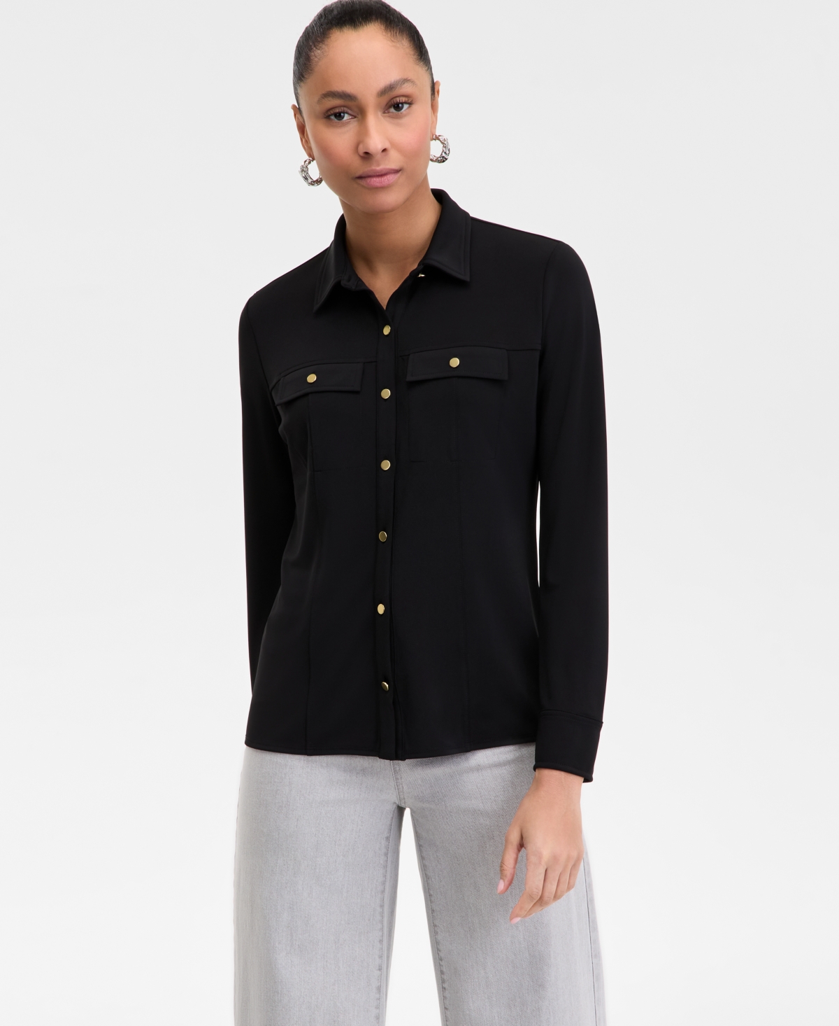 Inc International Concepts Women's Knit Utility Shirt, Exclusively At Macy's In Deep Black