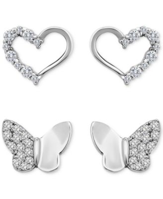 Cubic Zirconia Heart & Butterfly 2-Pc. Set Stud Earrings (1 ct. t.w.) in 18k Gold over Sterling Silver, Exclusively at Macy's
