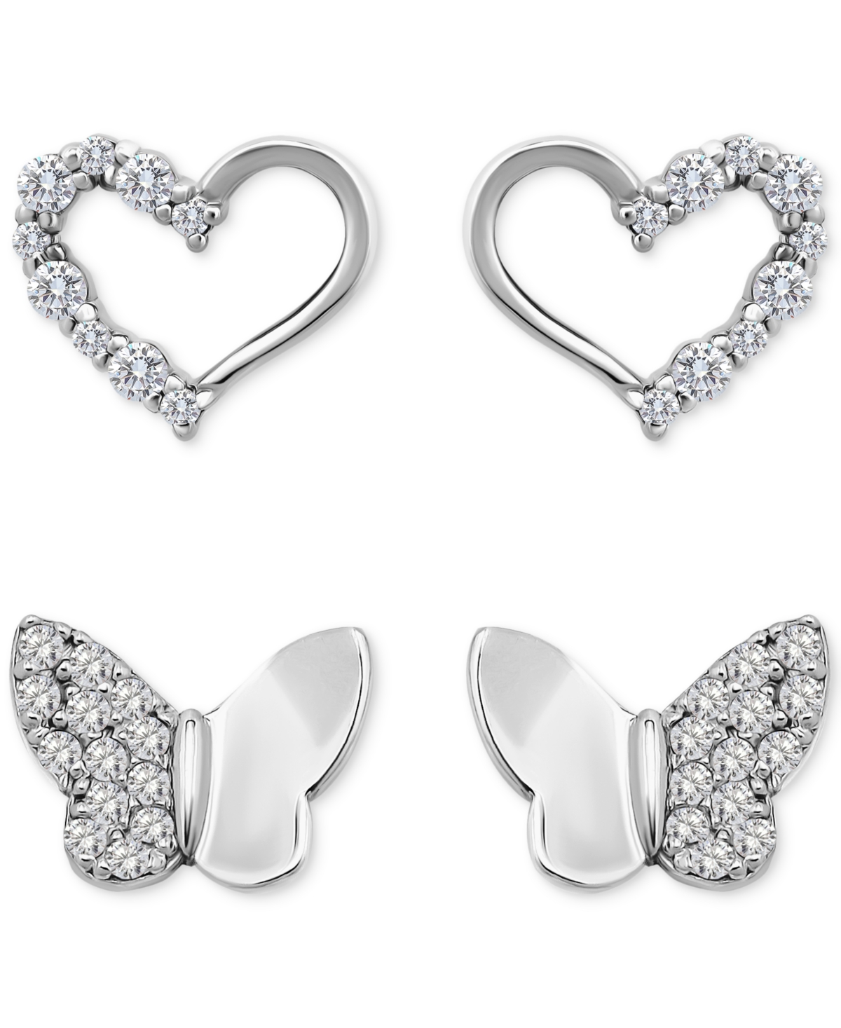 Giani Bernini Cubic Zirconia Heart & Butterfly 2-pc. Set Stud Earrings (1 Ct. T.w.) In 18k Gold Over Sterling Silv In Sterling Silver