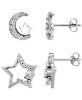 Cubic Zirconia Half Moon & Star 2-Pc. Set Stud Earrings (1-3/8 ct. t.w.) in 18k Gold over Sterling Silver, Exclusively at Macy's 