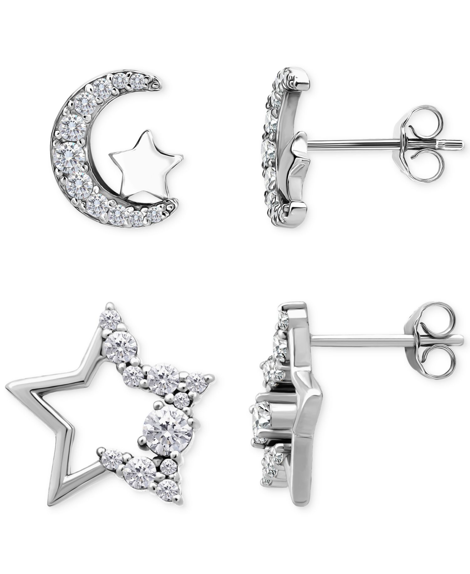 Cubic Zirconia Half Moon & Star 2-Pc. Set Stud Earrings (1-3/8 ct. t.w.) in 18k Gold over Sterling Silver