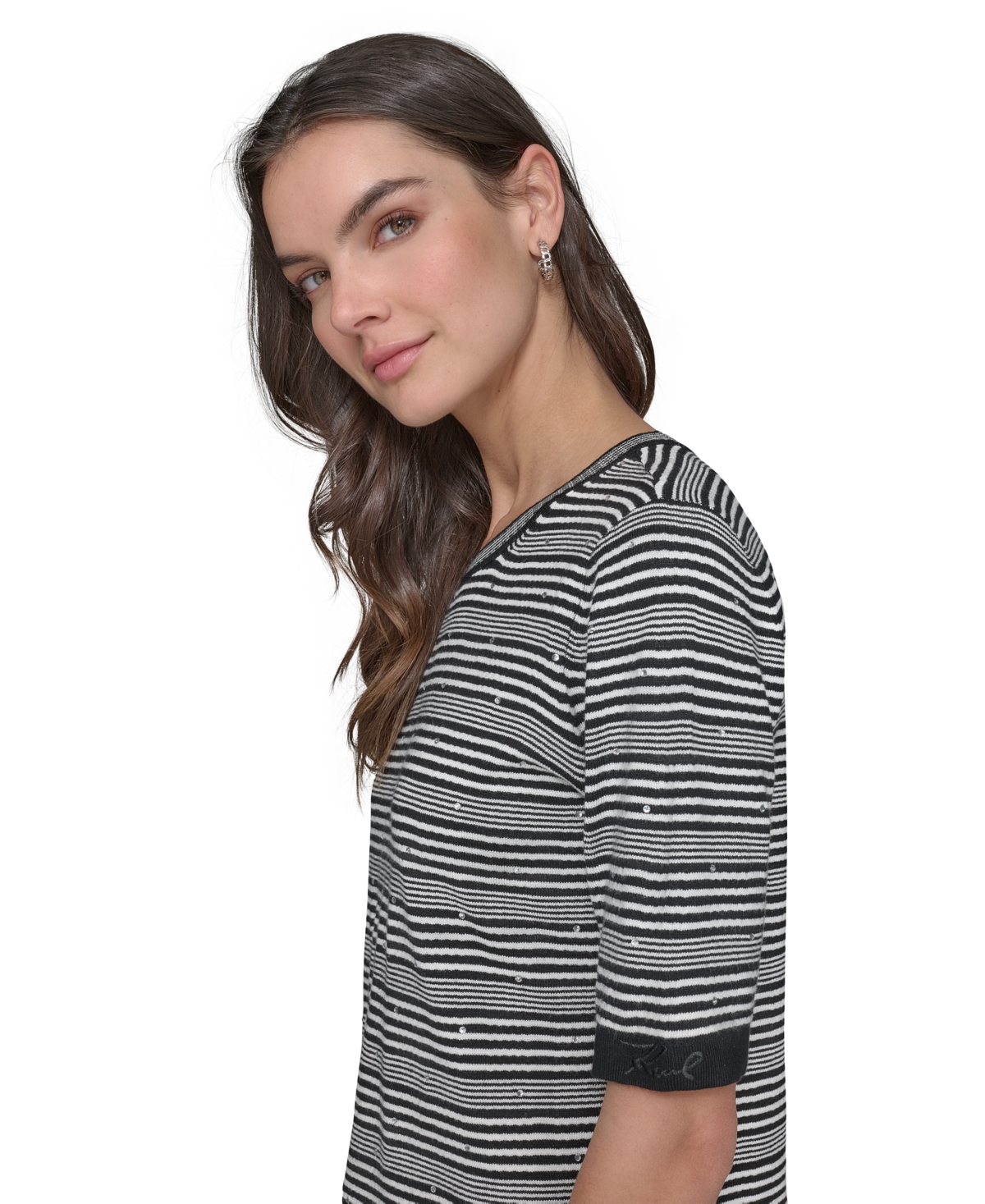 Shop Karl Lagerfeld Women's Embellished Stripe Short-sleeve Sweater In Black  White