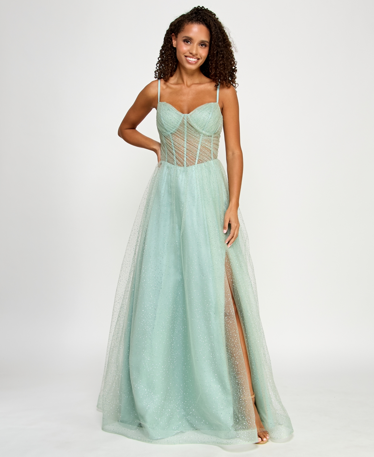 Juniors' Glitter Mesh Corset Ball Gown, Created for Macy's - Sage