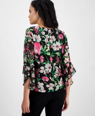 売れ筋商品|||カスパー カットソー トップス レディース Women's Floral Chiffon Ruffle Bell-Sleeve Blouse, Regular & Petite Sizes Black Multi Kasper Women's Floral Chiffon Ruffle Bell-Sleeve Blouse