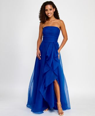 B Darlin - Juniors' Asymmetric Drape Strapless Ball Gown