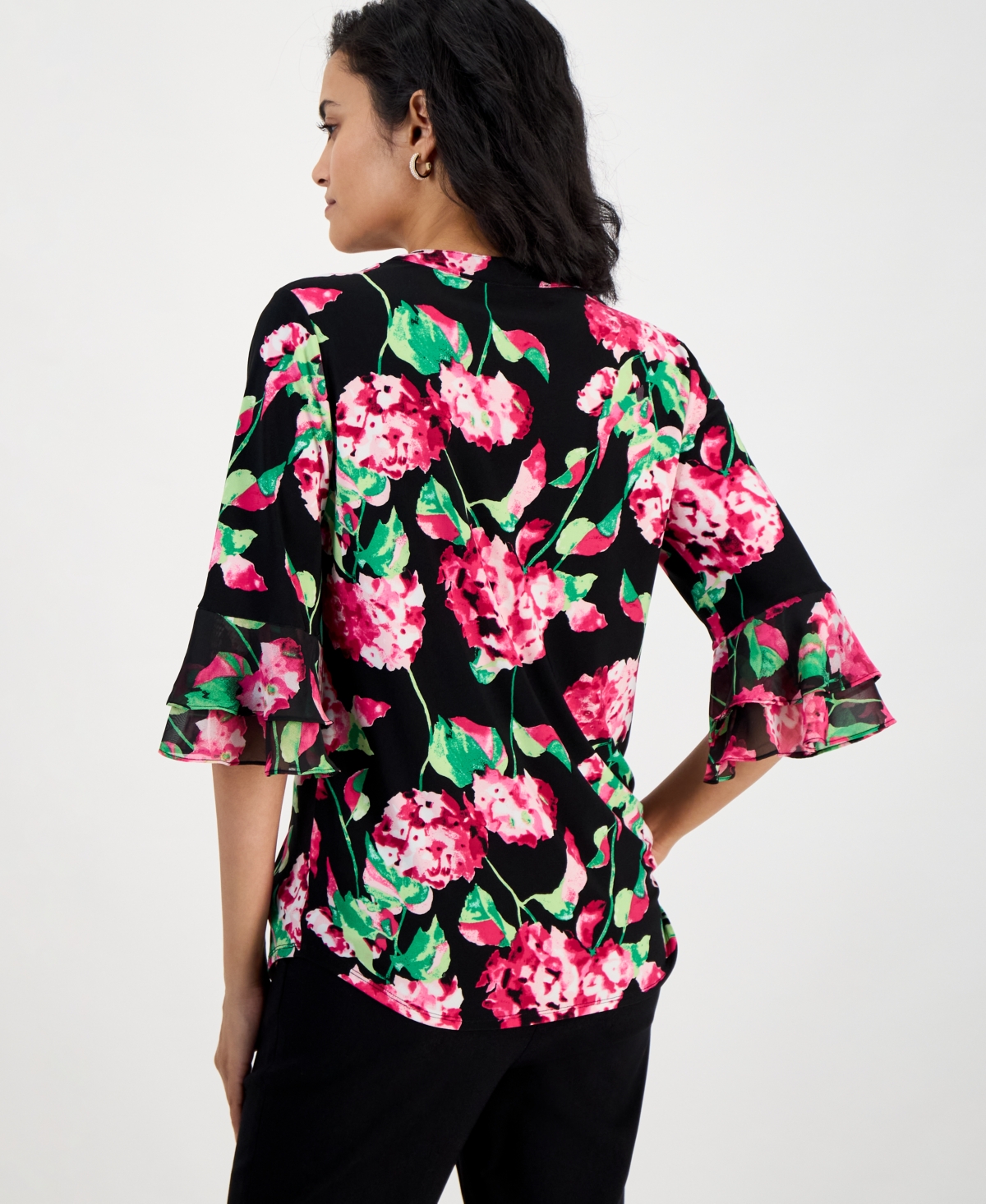 Kasper Women's Floral Split-neck 3/4-flutter Sleeve Top, Regular & Petite Sizes In Black Multi