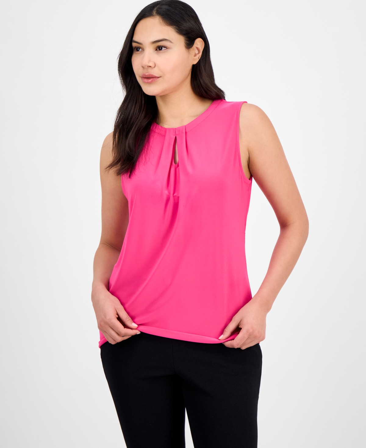 Women's Box-Pleat Keyhole Solid Top, Regular & Petite Sizes - Pink Perfection