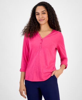 Kasper - Women's Draped Cuffed-Sleeve Henley-Neck Top