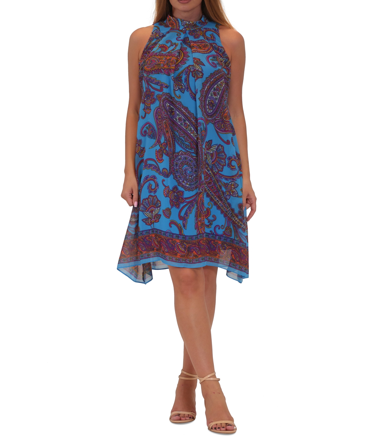 Women's Printed Mock Neck Sleeveless Shift Dress - Blue