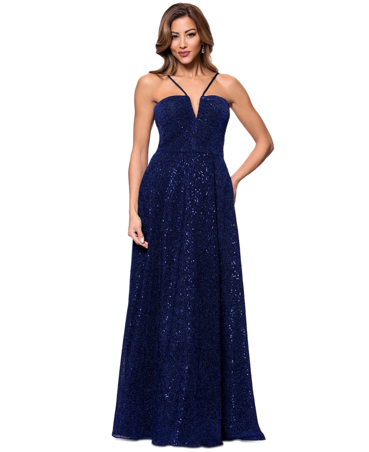Xscape Women's Sequined Plunge-neck Sleeveless Gown In Navy