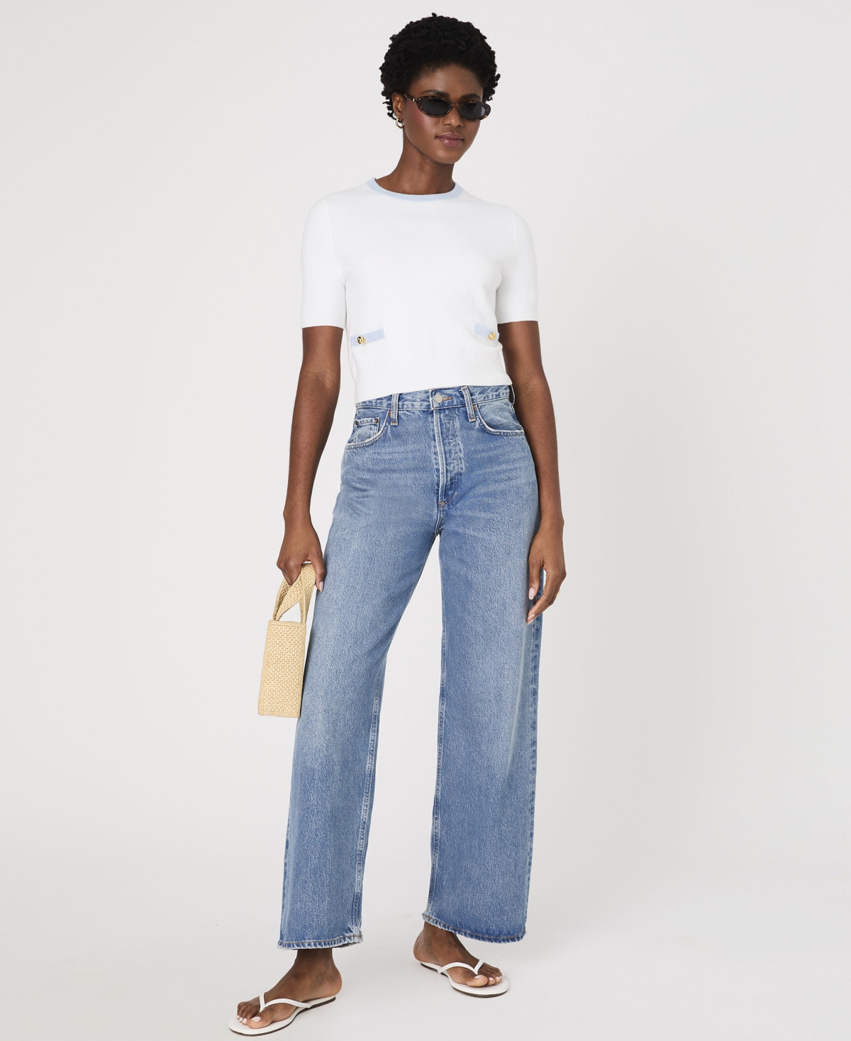 French Connection Babysoft Short Sleeve Sweater In Summer White,sky Blue
