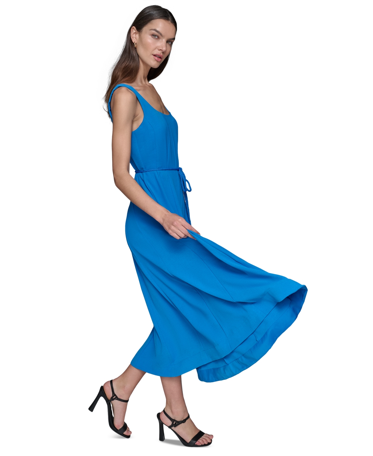 Shop Karl Lagerfeld Women's Scoop-neck Belted Sleeveless Midi Dress In Frnch Blue