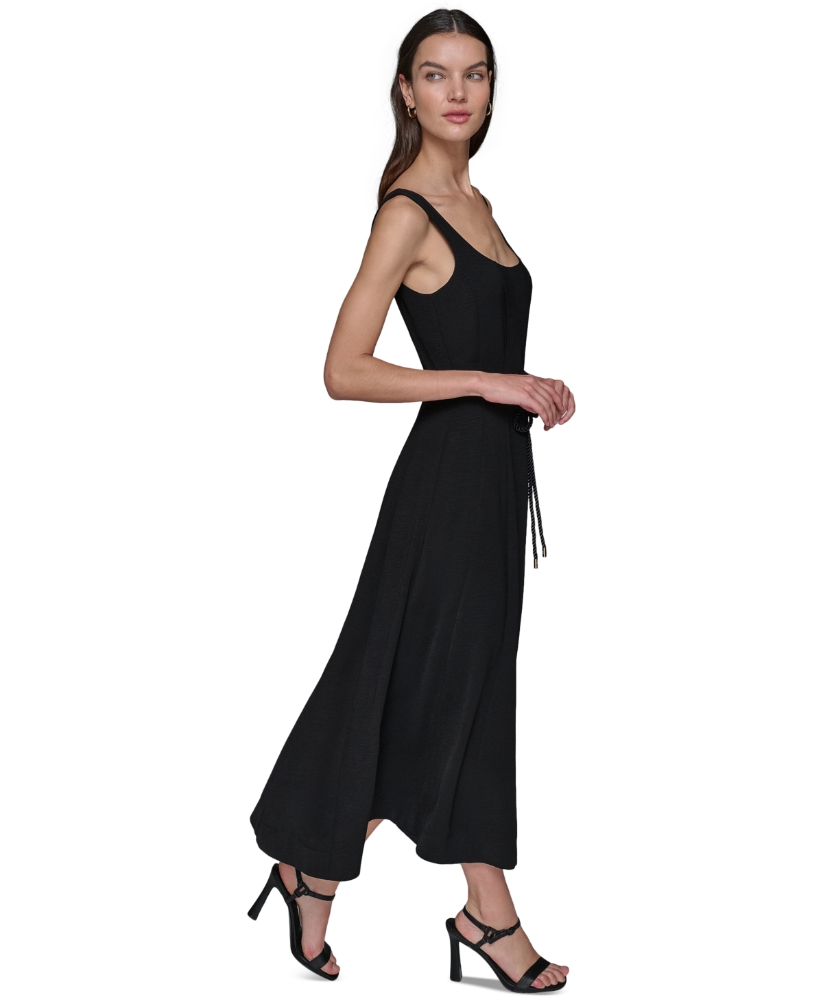 Karl Lagerfeld Women's Scoop-neck Belted Sleeveless Midi Dress In Black