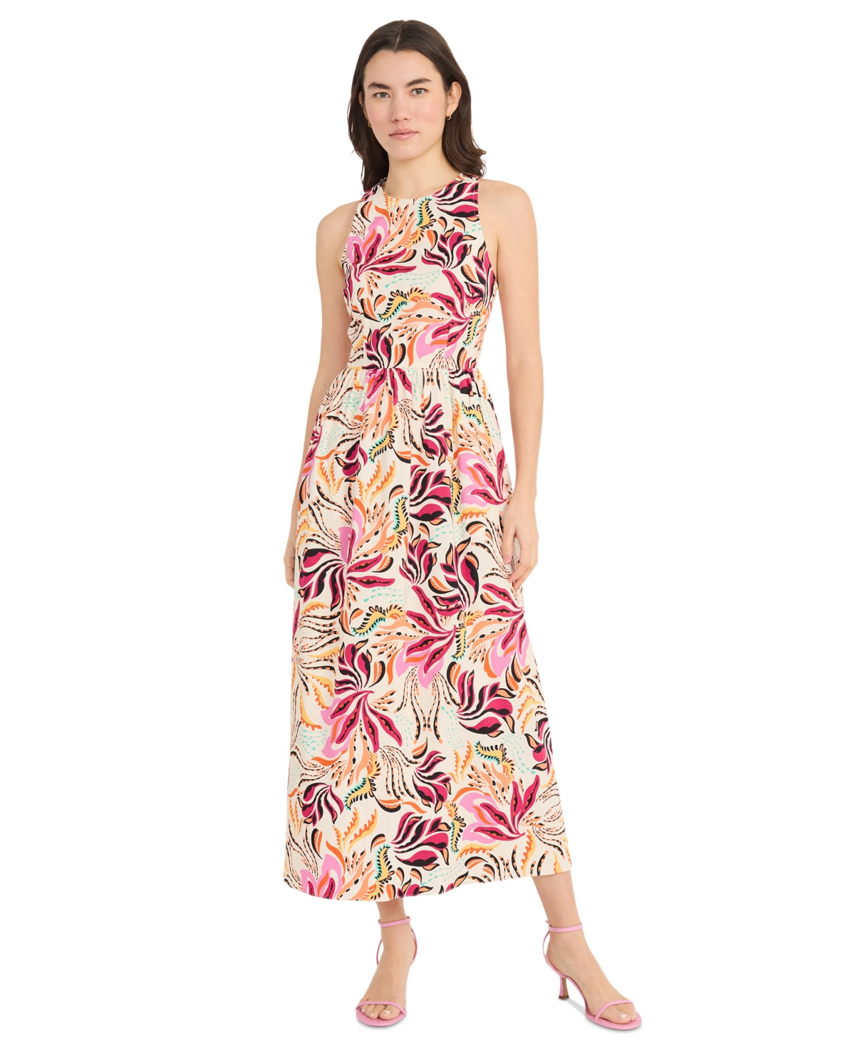 Women's Cotton Printed Maxi Dress - Cream/pink