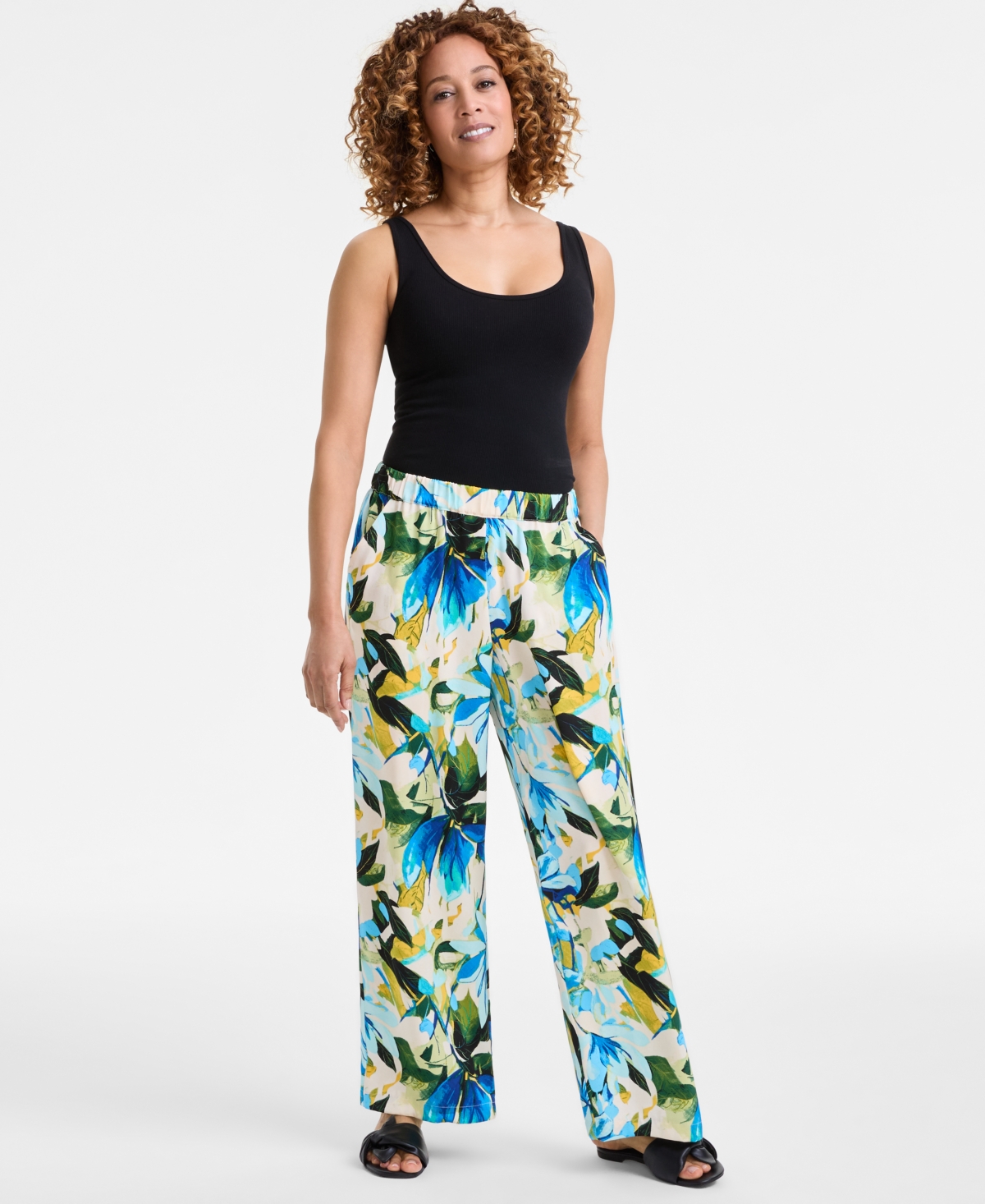 Women's Printed Satin Pull-On Pants, Exclusively at Macy's - Teal Spark