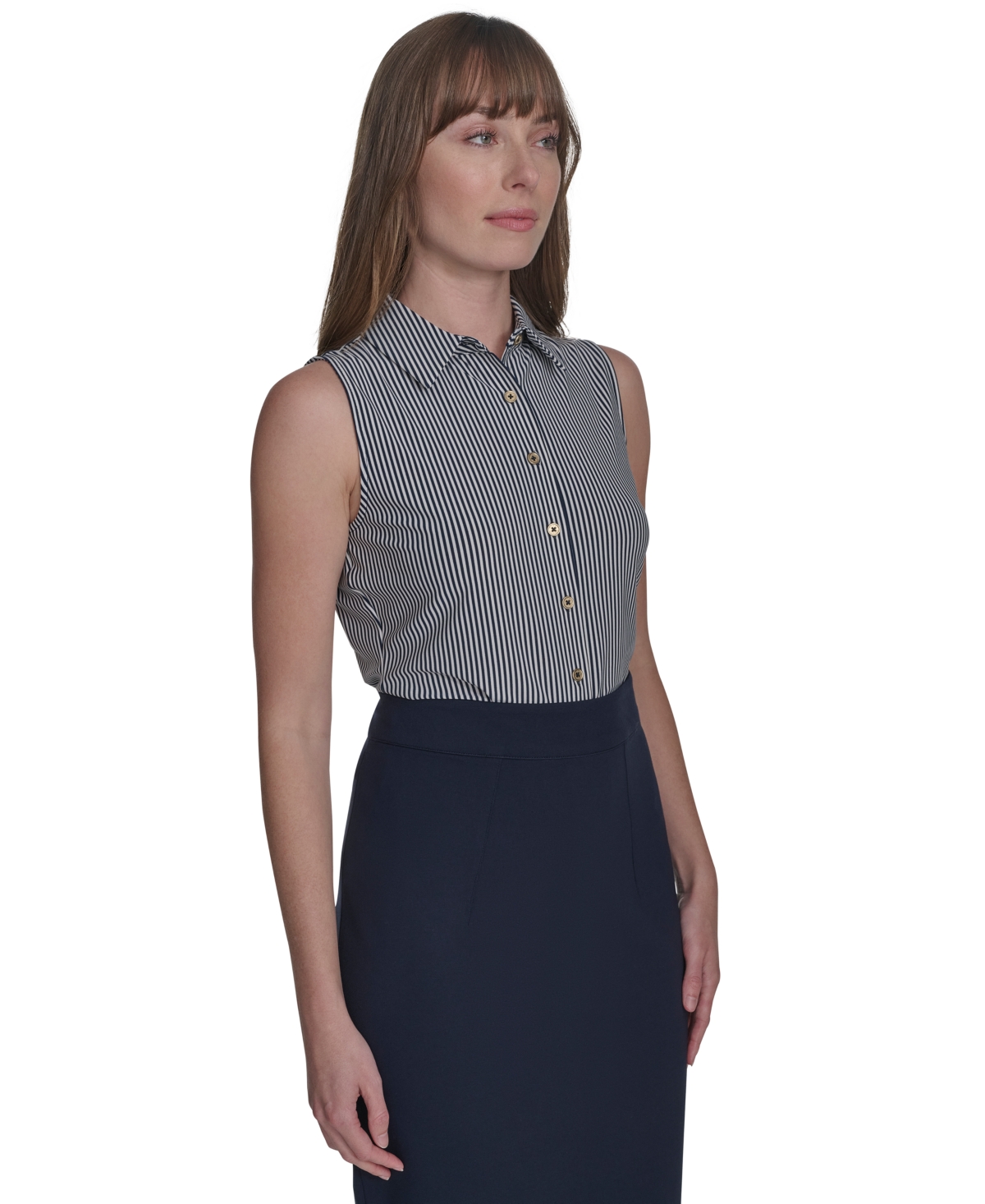 Tommy Hilfiger Women's Striped Sleeveless Button-up Blouse In Midnight,ivory