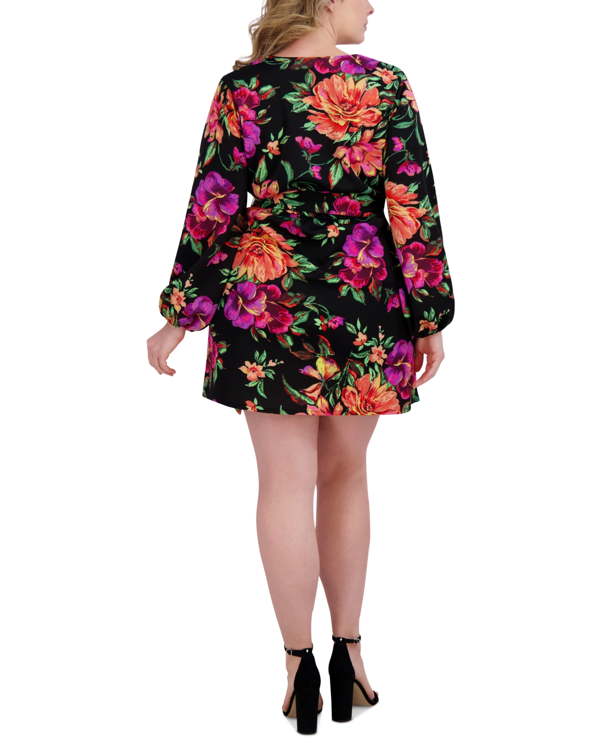 Siena Plus Size Printed Blouson-sleeve Faux-wrap Dress In Black Multi
