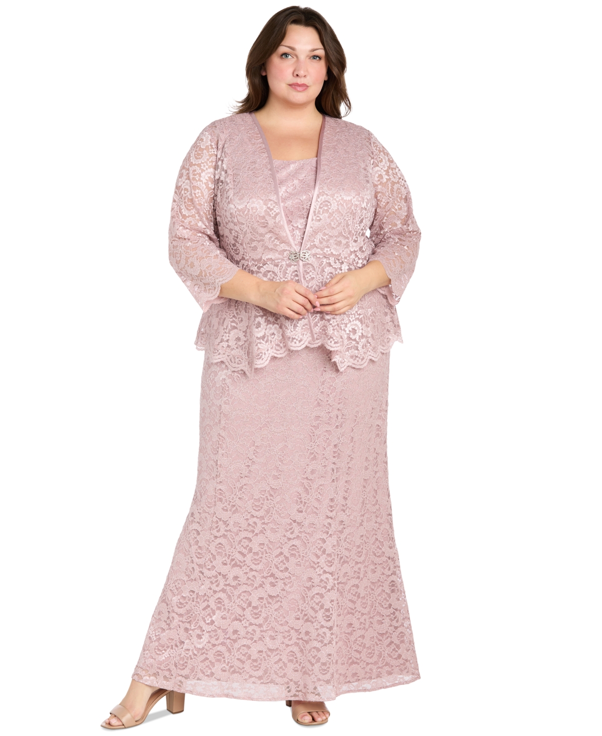Plus Size Metallic Lace Jacket and Dress - Blue
