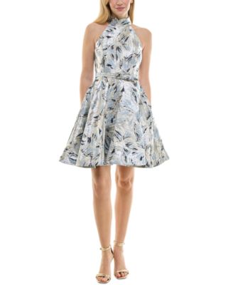 Taylor - Women's Metallic Jacquard Belted Halter Dress